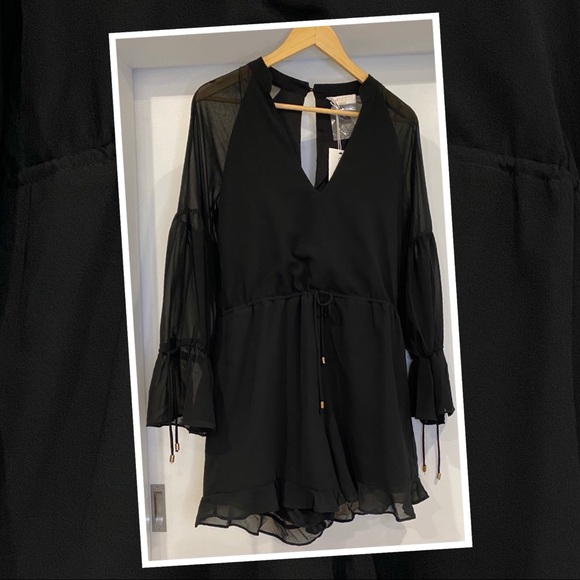 Chancery Pants - Chancery Helen long sleeved Playsuit plunging neckline black semi sheer size 10